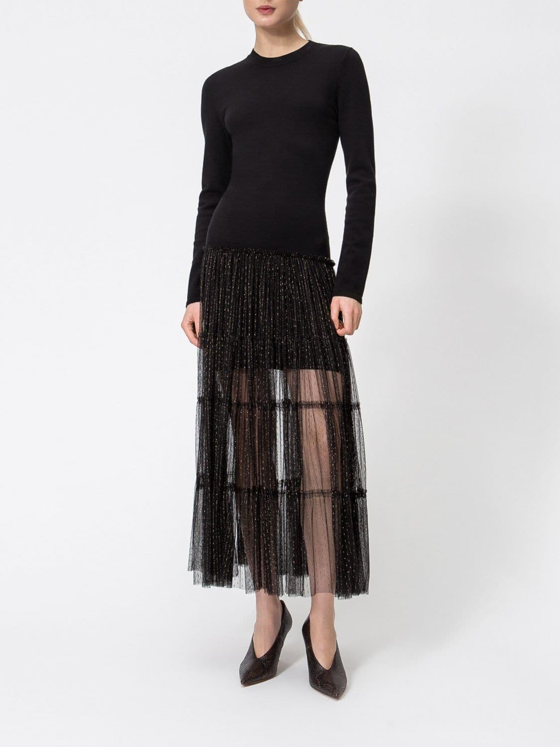 Twinset Slim Fit Long-Sleeved Midi Knit Dress in Wool Blend and Tulle