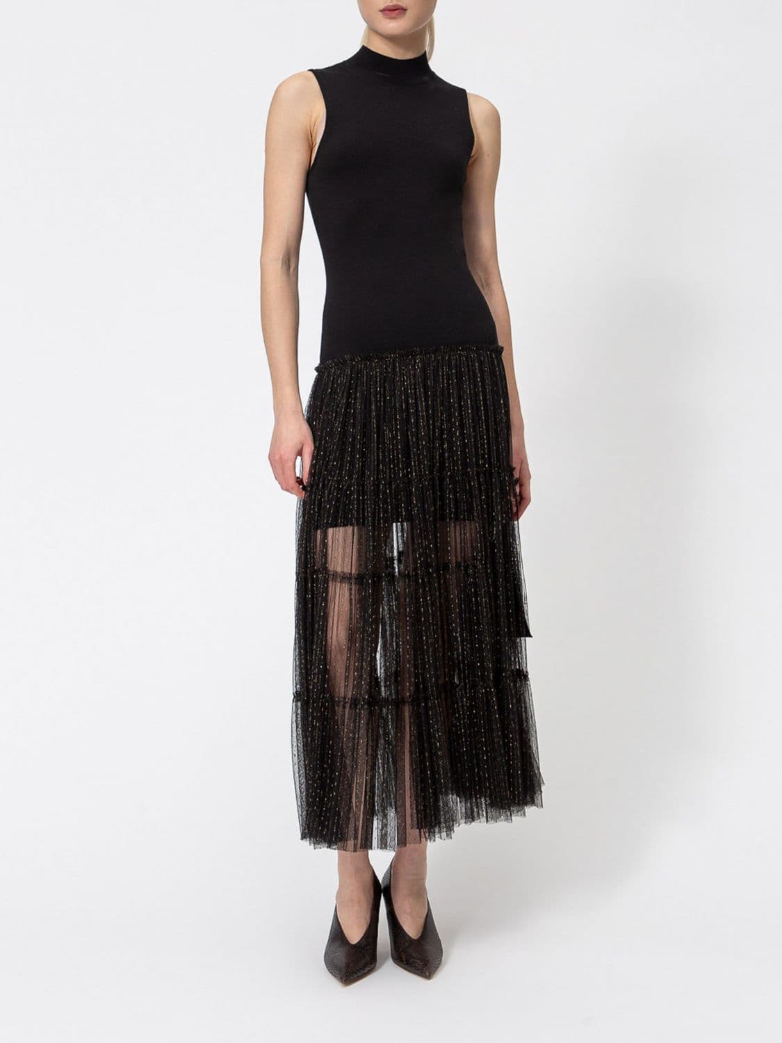 Twinset Knit and Tulle Midi Dress with High Neck and Open Shoulders