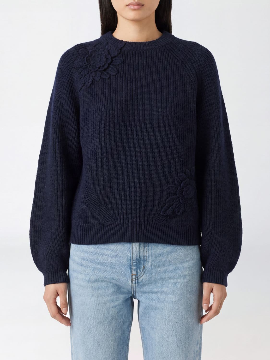 Twinset Wool Blend Crewneck Jumper with Floral Embroidery Appliqué