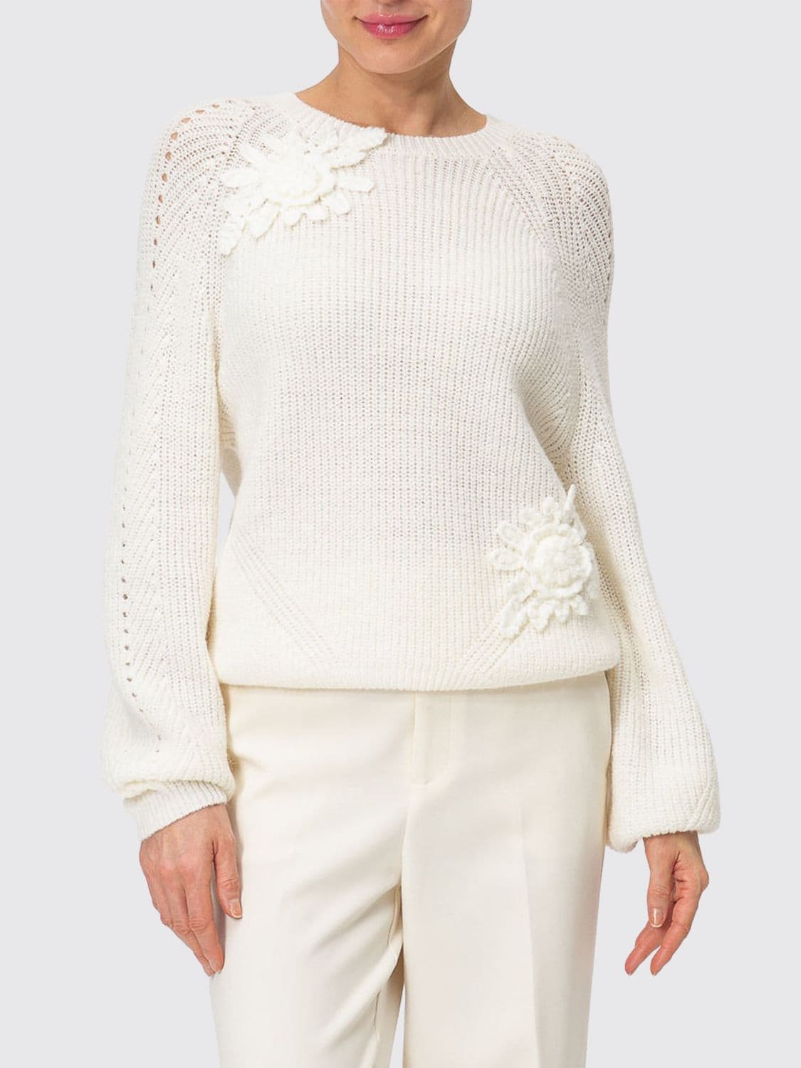 Twinset Wool Blend Crewneck Jumper with Floral Embroidery Appliqué