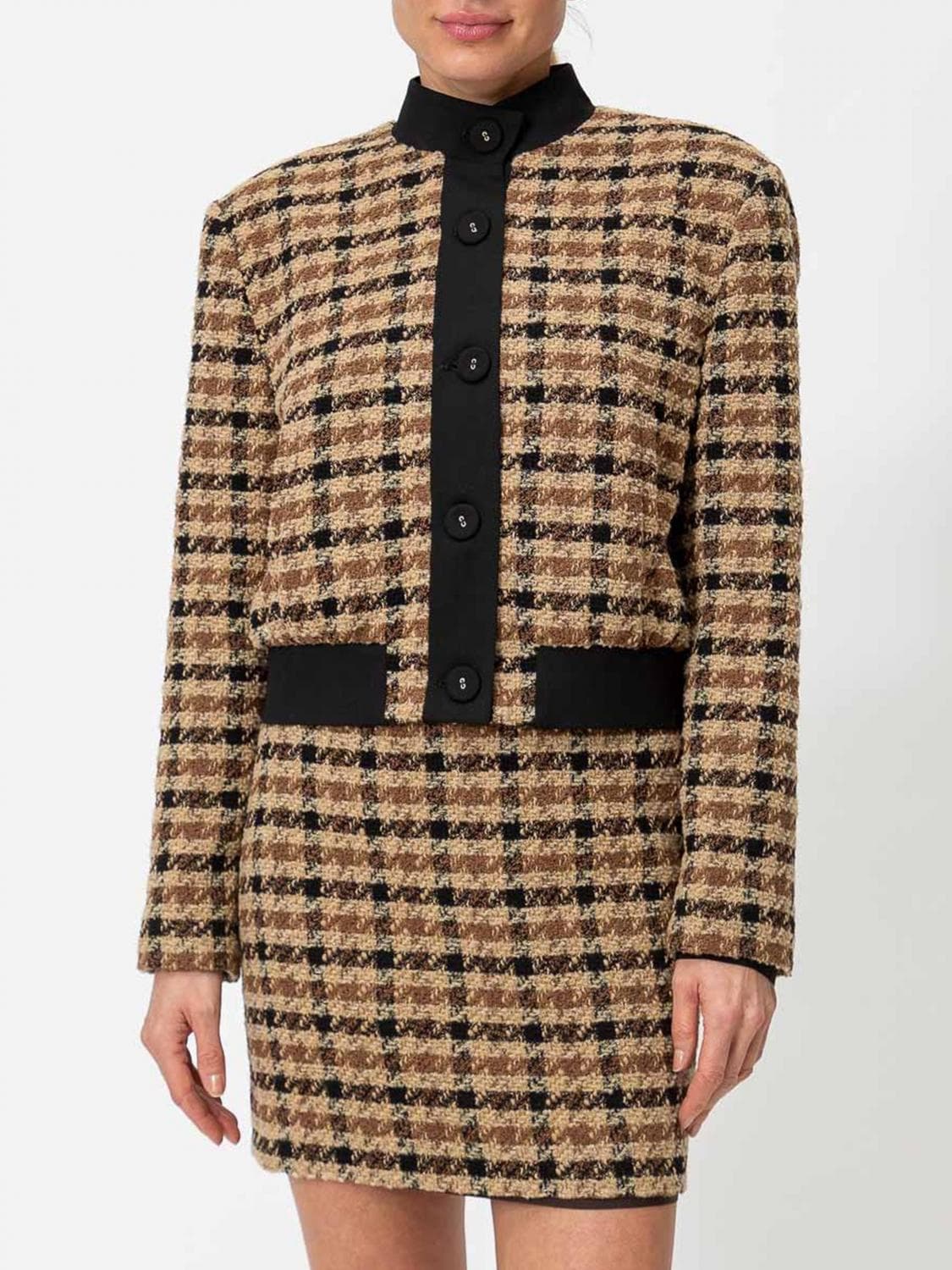 Twinset Houndstooth Tweed Bomber Jacket with High Neck and Elasticated Hem