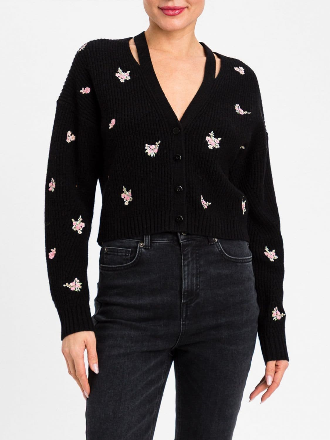 Twinset V-Neck Wool Blend Cardigan with Crystal Embellishment
