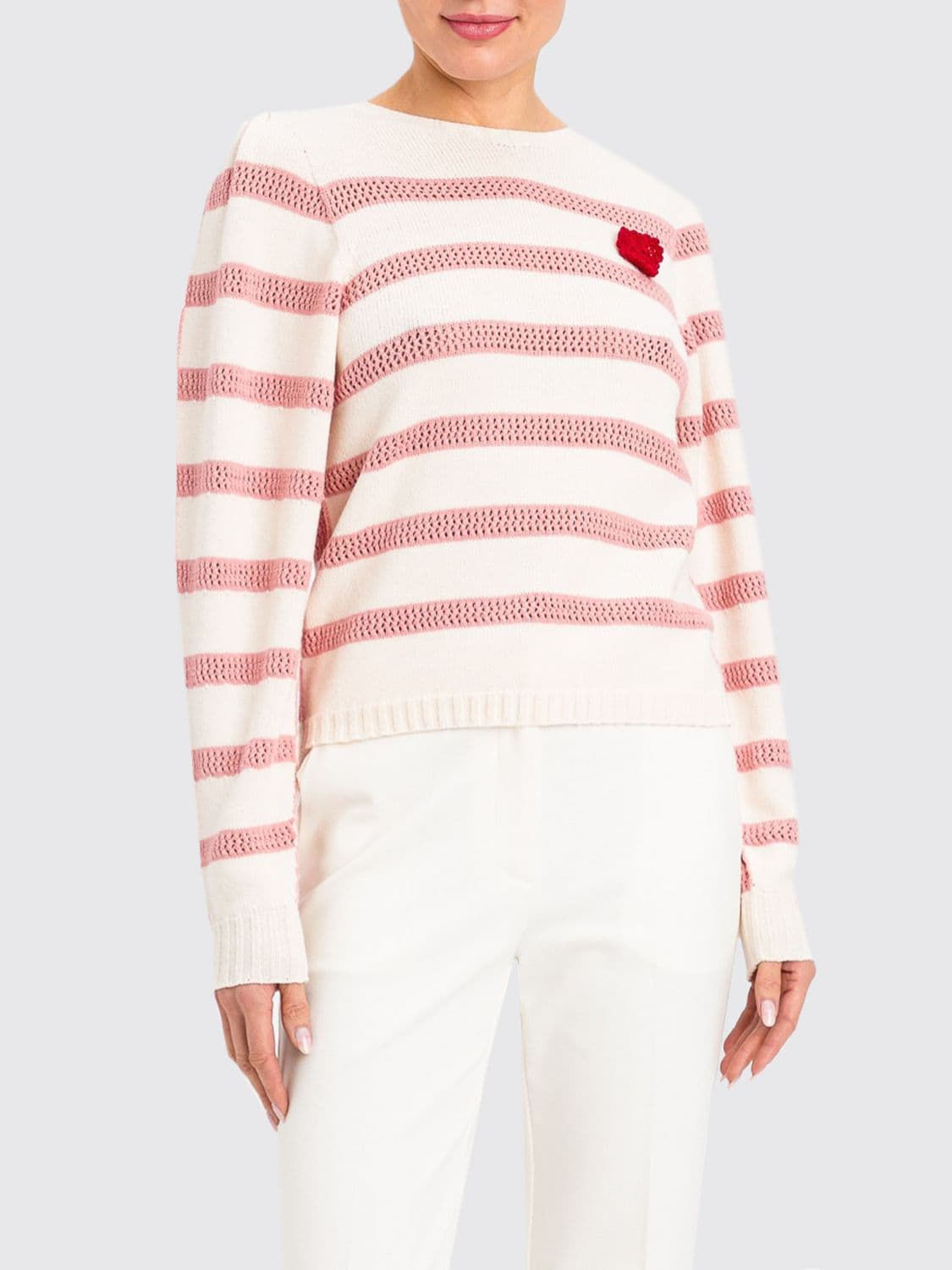 Twinset Striped Wool Blend Jumper with Ruched Shoulders and Heart Detail