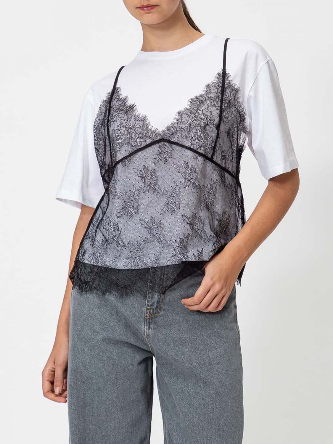 Twinset Cotton T-shirt with Lace Inserts and Dropped Shoulders