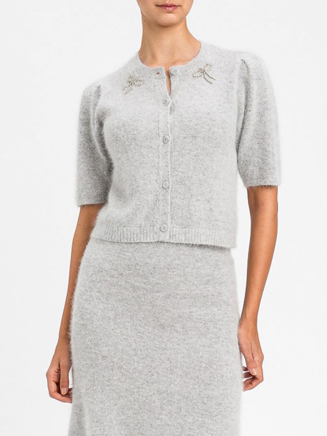 Twinset Wool Blend Cardigan with Puff Sleeves and Crystal Embellishment