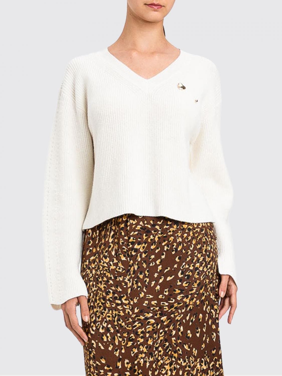 Twinset V-Neck Wool and Cotton Jumper with Applied Logo