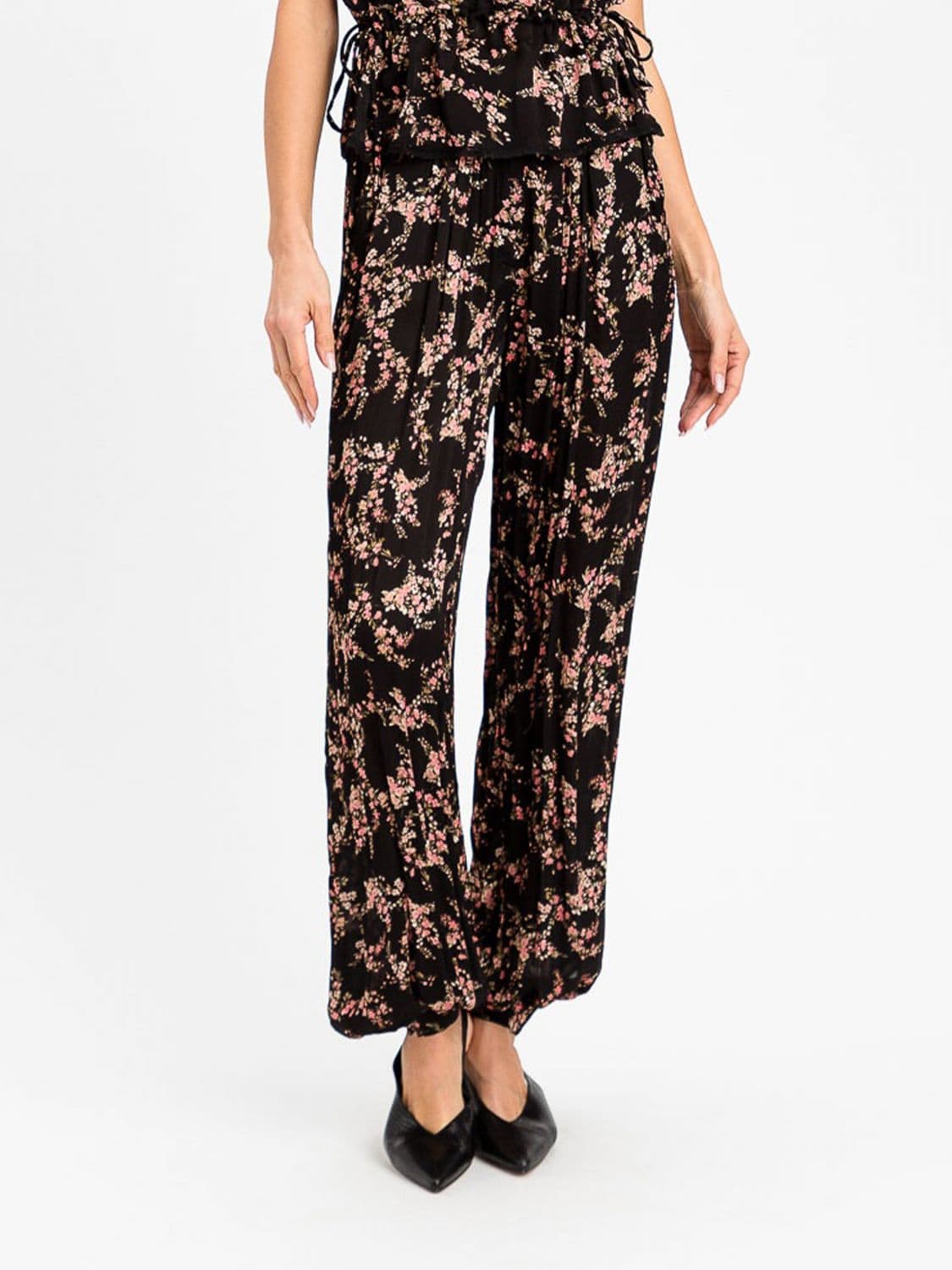 Twinset High-Waisted Floral Print Wide-Leg Viscose Trousers with Pleats