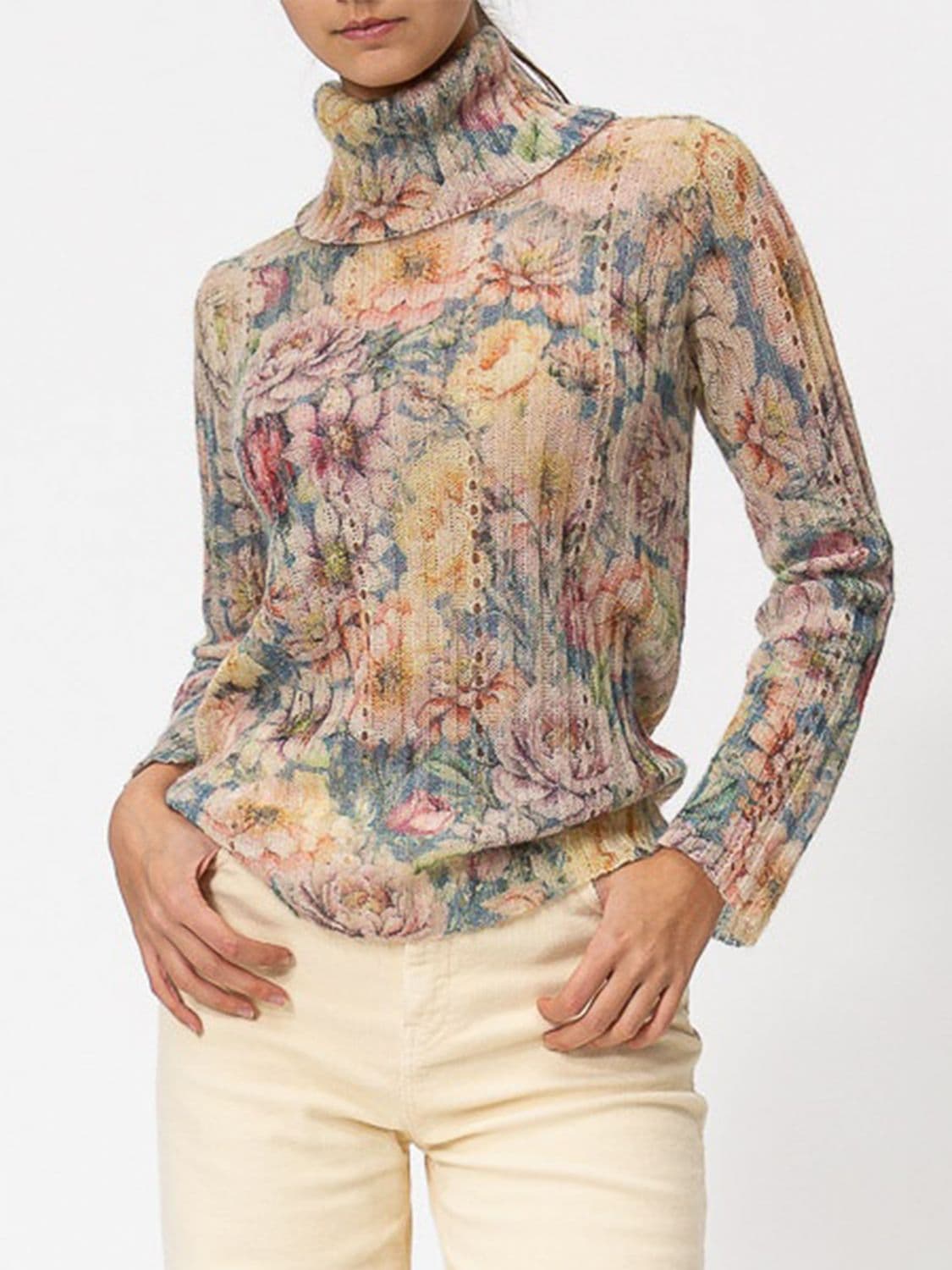 Twinset Floral Print Wool Blend Roll Neck Jumper with Long Sleeves