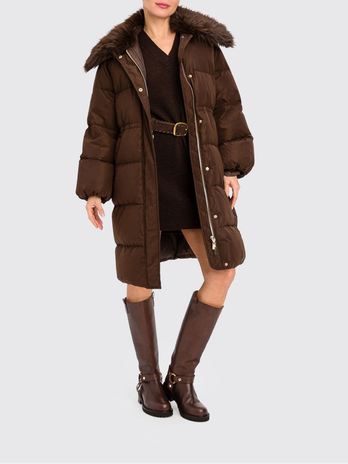 Twinset Knee-Length Quilted Puffer Coat with Detachable Fur Collar