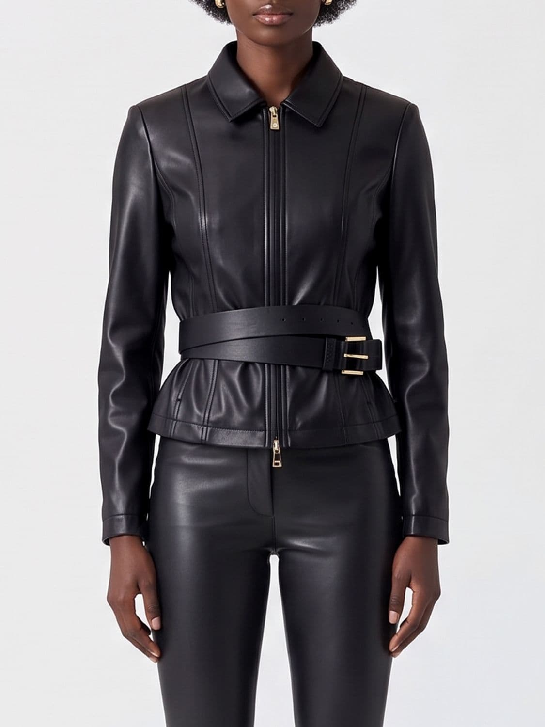 Liu Jo Cropped Shirt-Style Faux Leather Jacket with Waist Belt by