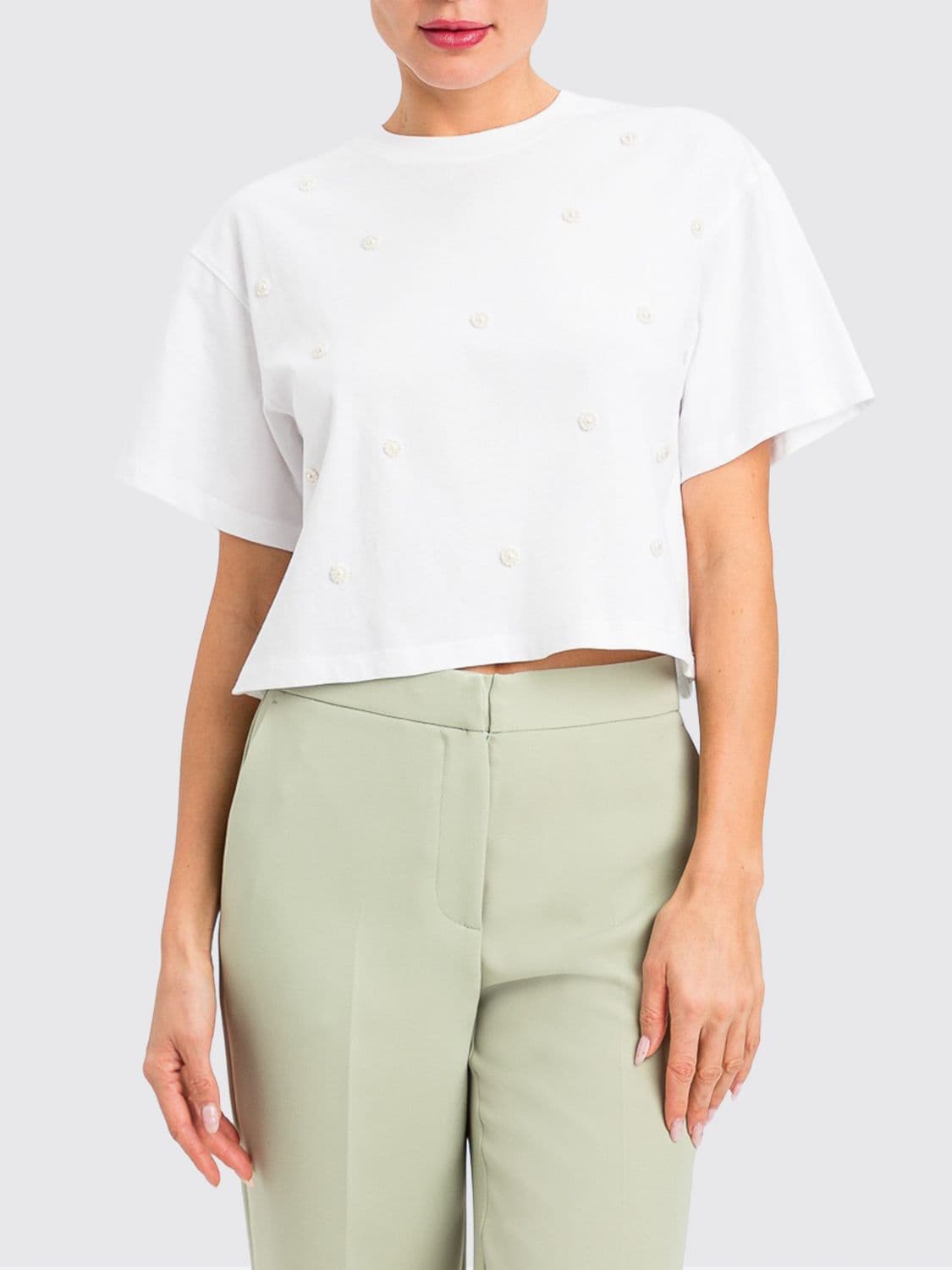 Twinset Cropped Cotton T-shirt with Pearl and Embroidery Details