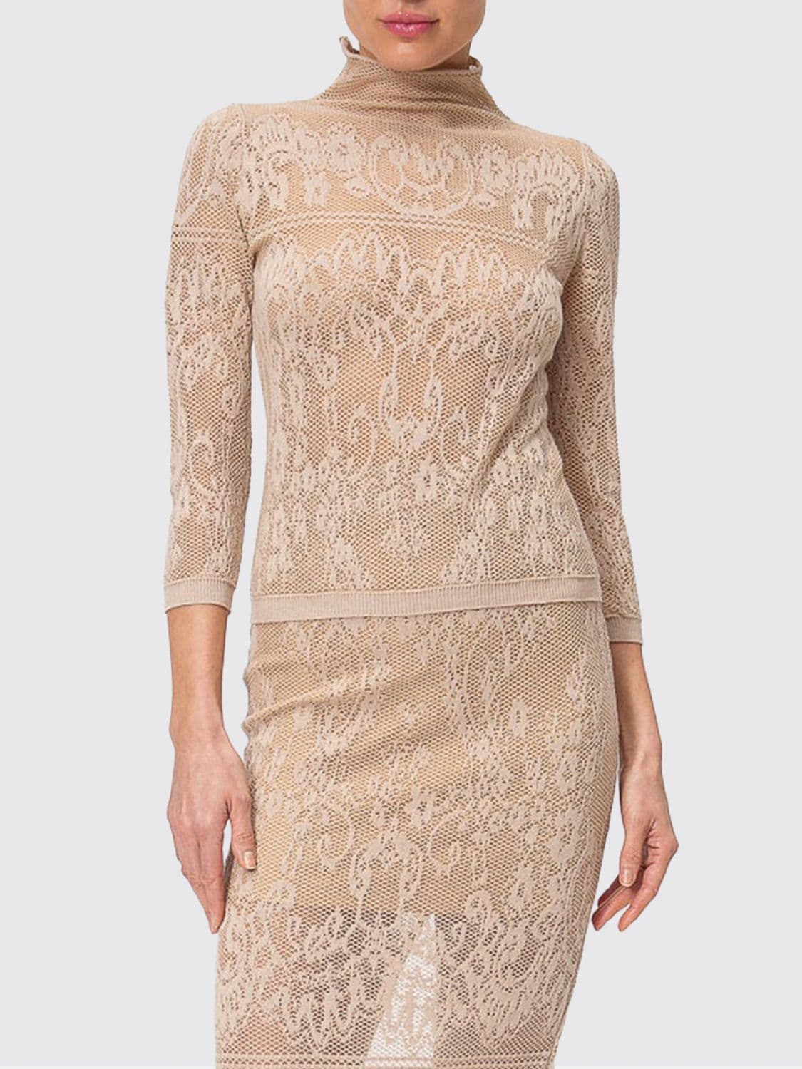 Twinset Embroidered Slim Fit Mock Neck Jumper in Cotton and Cashmere