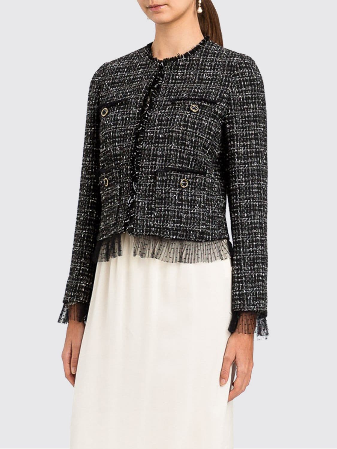 Twinset Short Bouclé Blazer with Fringed Edges and Round Neck