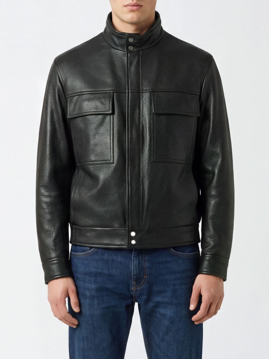 Salvatore Santoro Grained Leather Jacket with High Neck and Patch Pockets