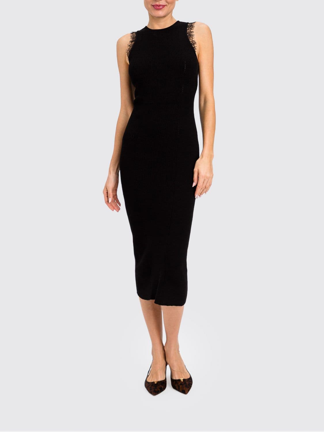 Twinset Off-The-Shoulder Ribbed Midi Sheath Dress with Lace Inserts