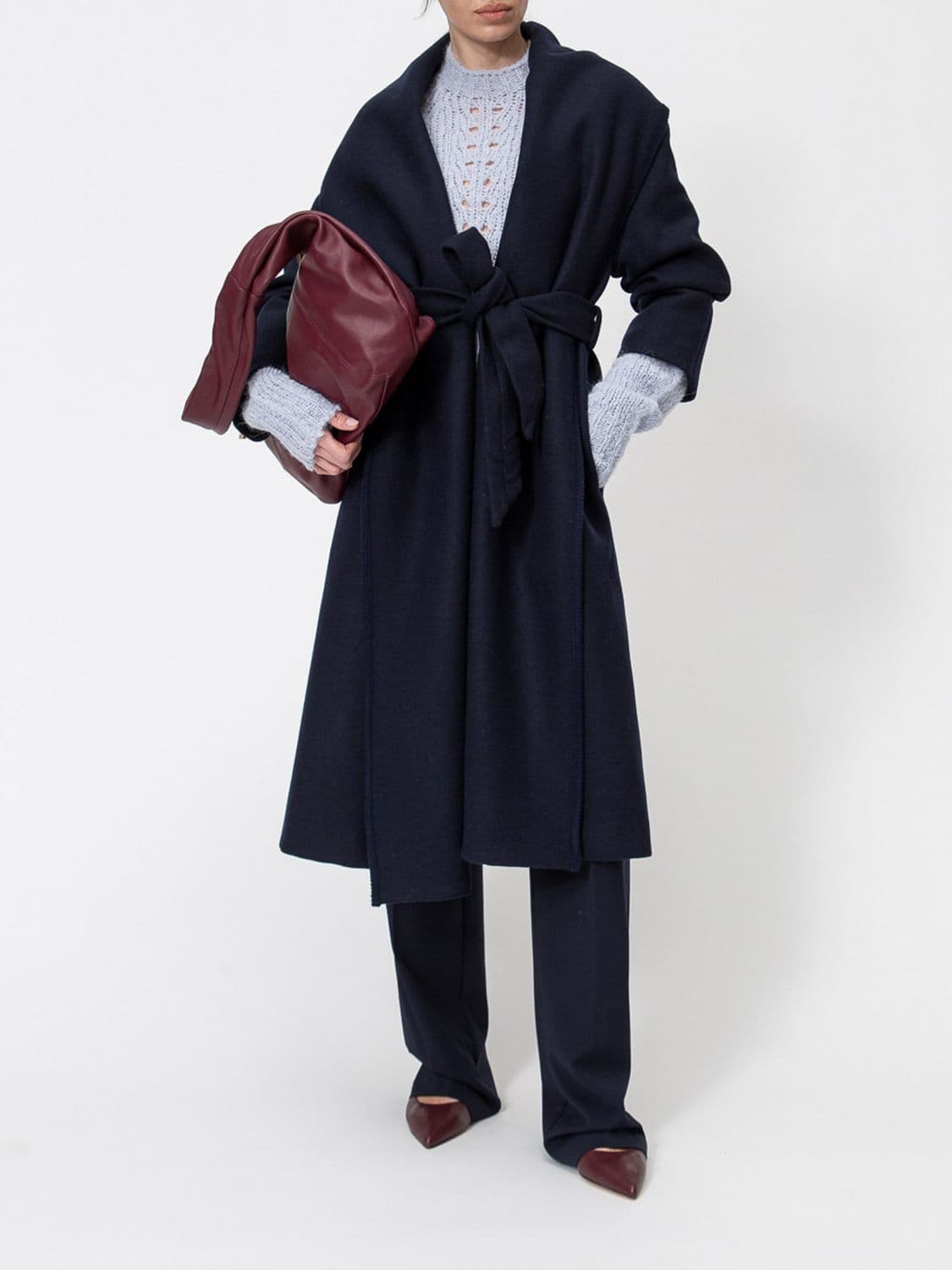 Twinset Long Wool Robe Coat with Shawl Collar and Belt