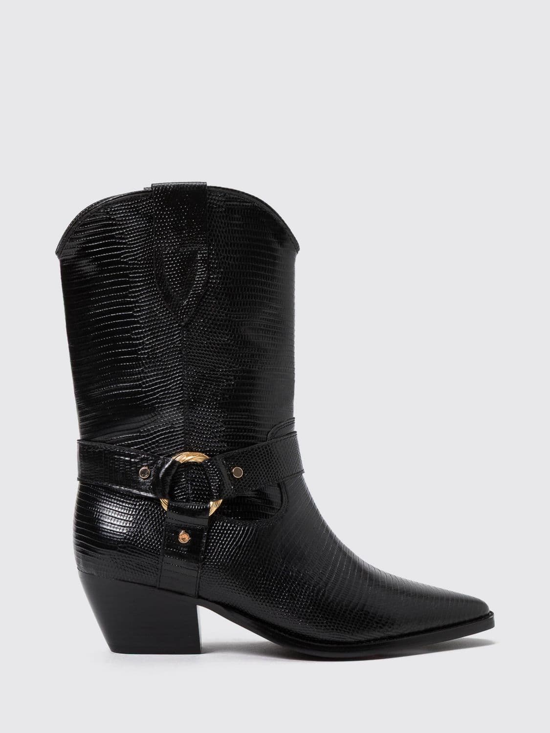Twinset Lizard-Print Leather Texan Boots with a Metallic Ring