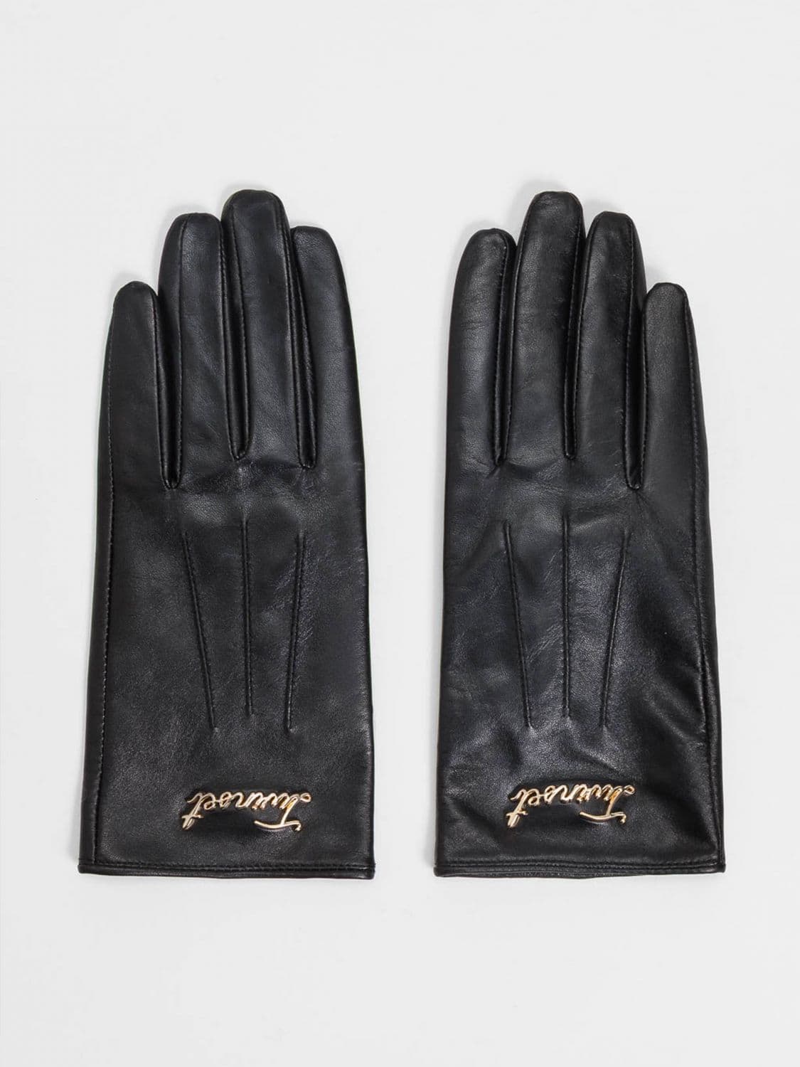Twinset Black Leather Gloves with Contrasting Embroidered Logo