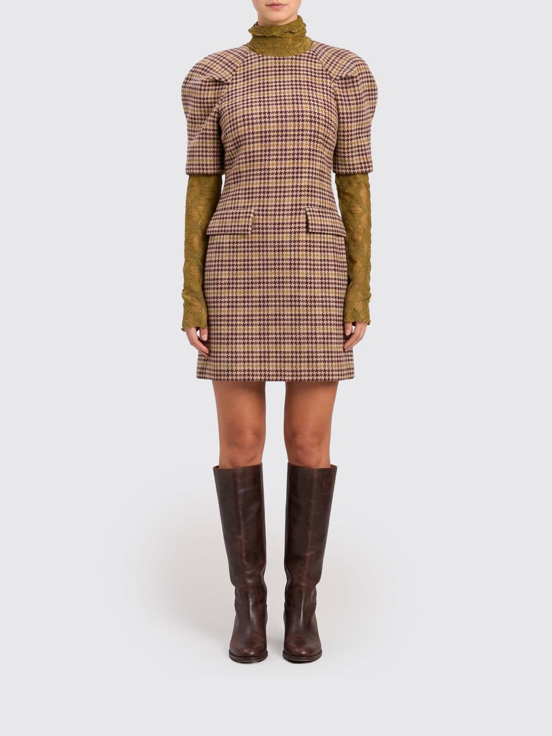 Twinset U & b Houndstooth Sheath Mini Dress with Puff Sleeves and Lace Inserts