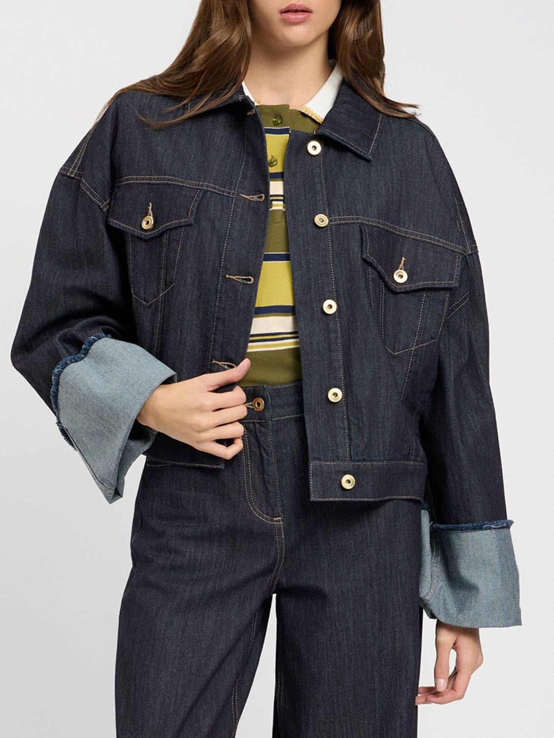 Twinset U & b Cropped Denim Jacket with Classic Collar and Patch Pockets
