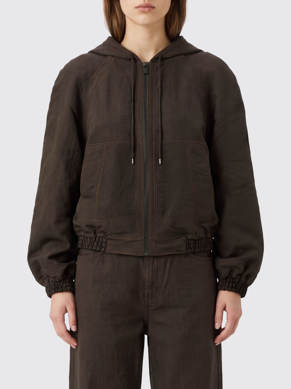 Magda Butrym Cropped Hooded Viscose Blend Bomber Jacket with Zip Closure
