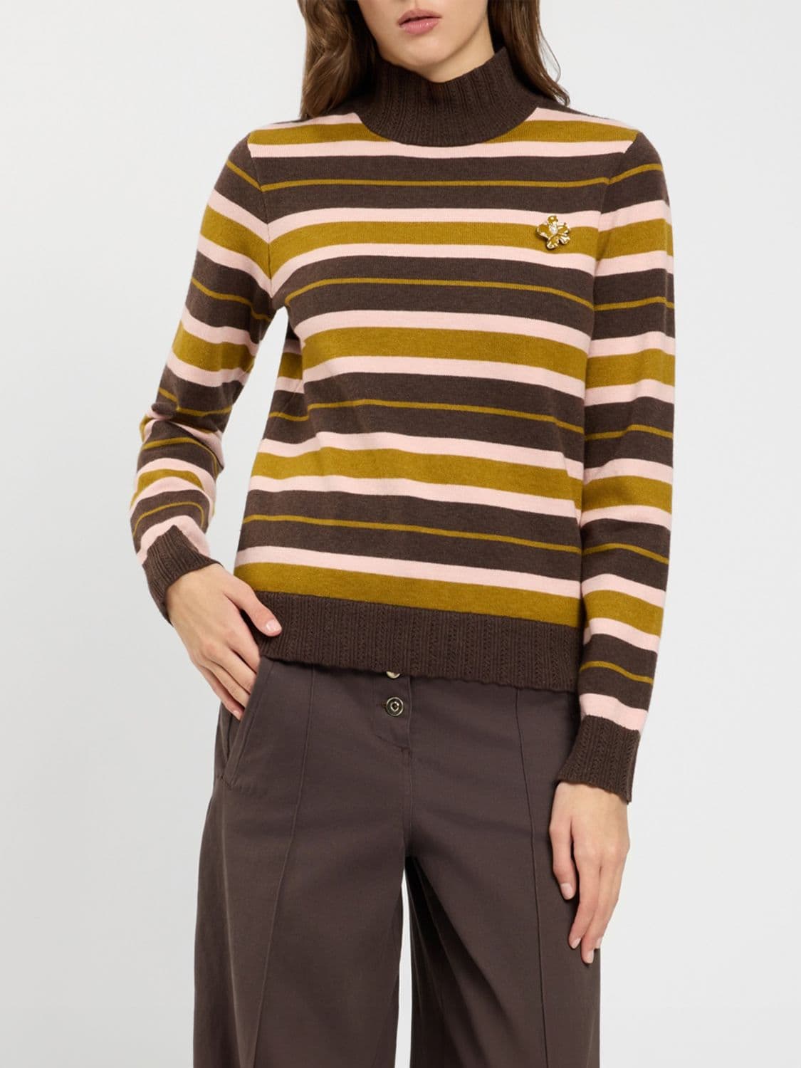 Twinset U & b Striped Wool and Silk Blend Turtleneck with Crystal Embroidery
