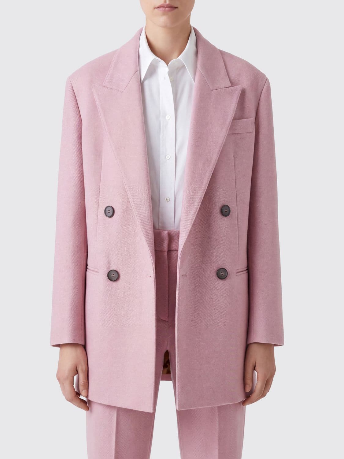 Tela Double-Breasted Short Wool Relaxed Fit Blazer with Peak Lapels