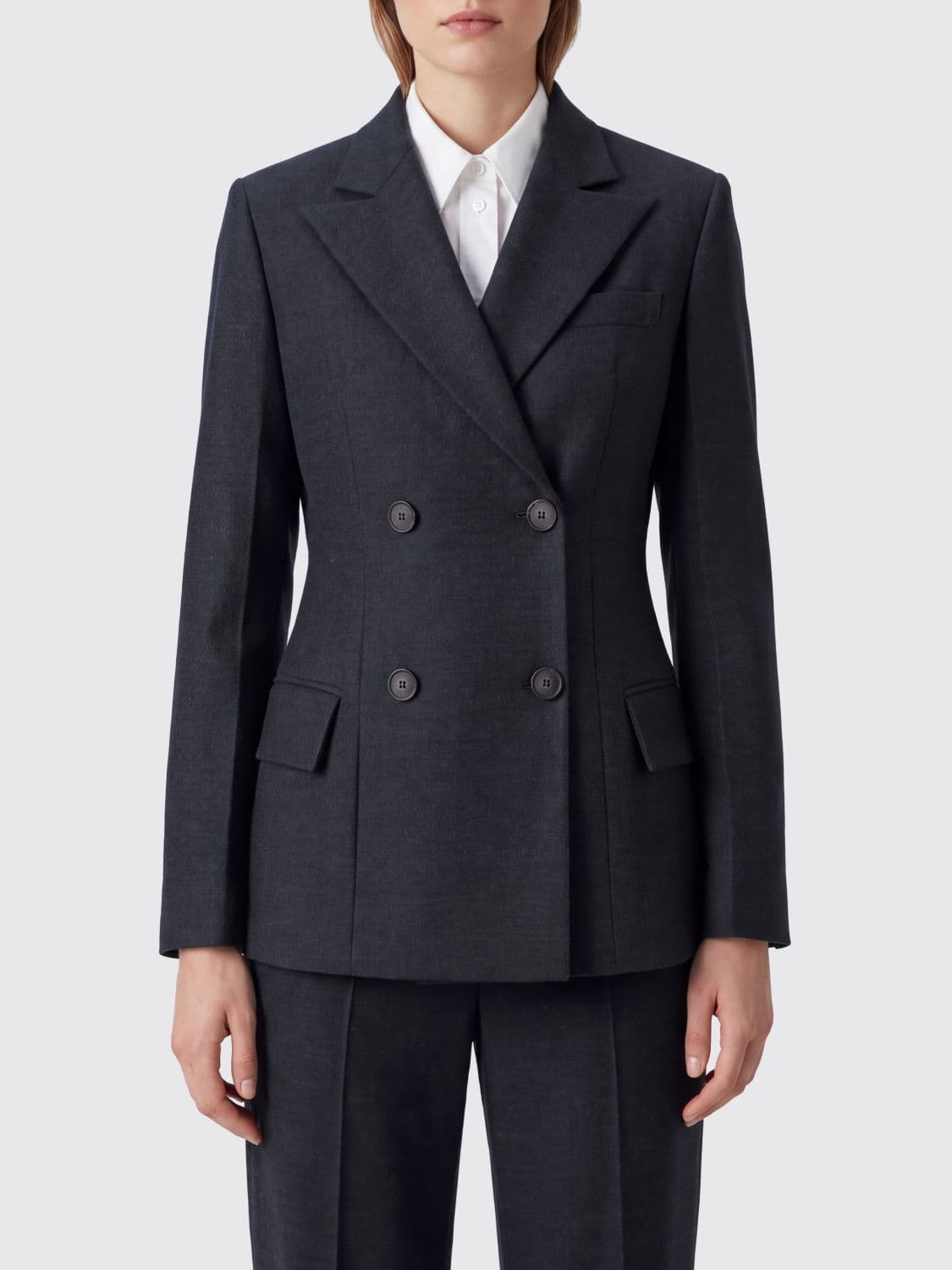 Tela Slim Fit Double-Breasted Short Blazer in Wool Blend with Peak Lapels