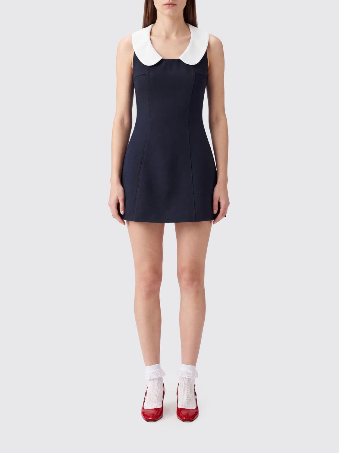 Shushu/tong Flared Off-Shoulder Wool Mini Dress with Round Neck