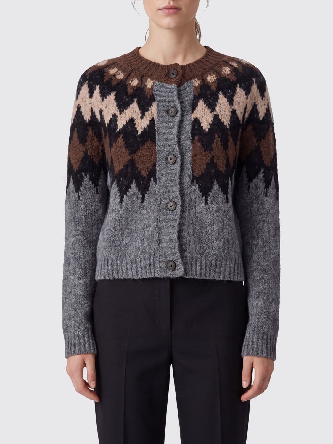 Tela Argyle Pattern Mohair and Wool Blend Cardigan with Crew Neck
