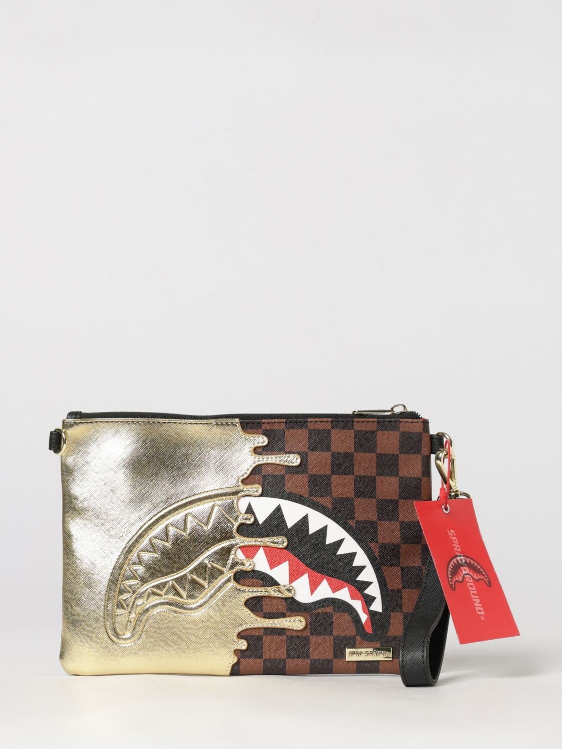 Sprayground Pouch in Coated Cotton with Two-Tone Check Pattern and Removable Handle