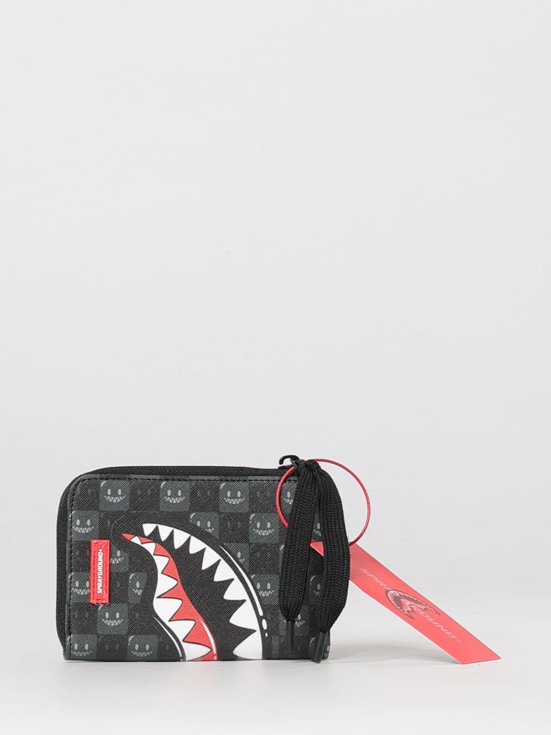 Sprayground Zip Wallet in Black Coated Cotton with Check Pattern