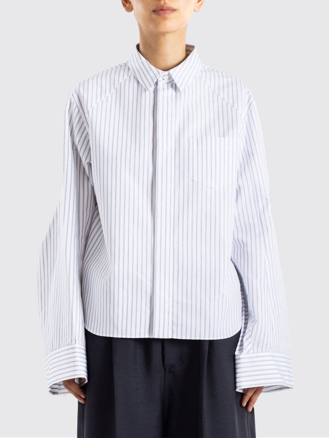 Sacai Striped Cotton-Blend Shirt with Dropped Shoulders and Curved Hem
