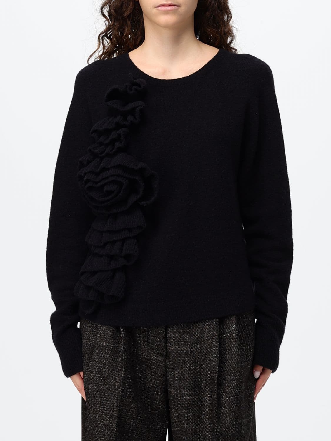 Liviana Conti Cotton Crewneck Jumper with Ruffle Application