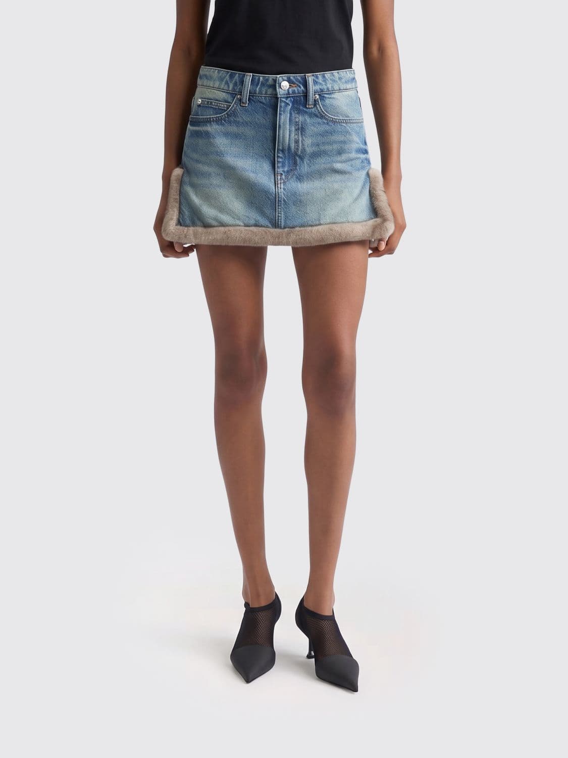 Denim X Alexander Wang Cotton Denim Mini Skirt with Fur Details