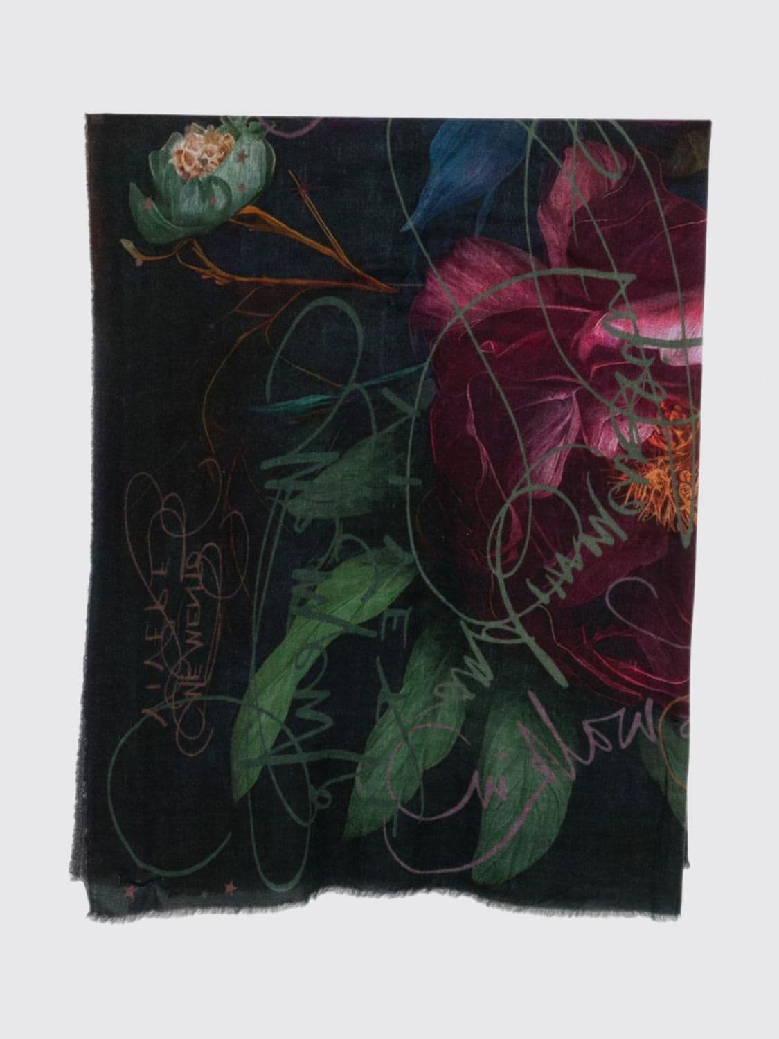 Faliero Sarti 100% Cashmere Floral Print Scarf with Fringed Hem