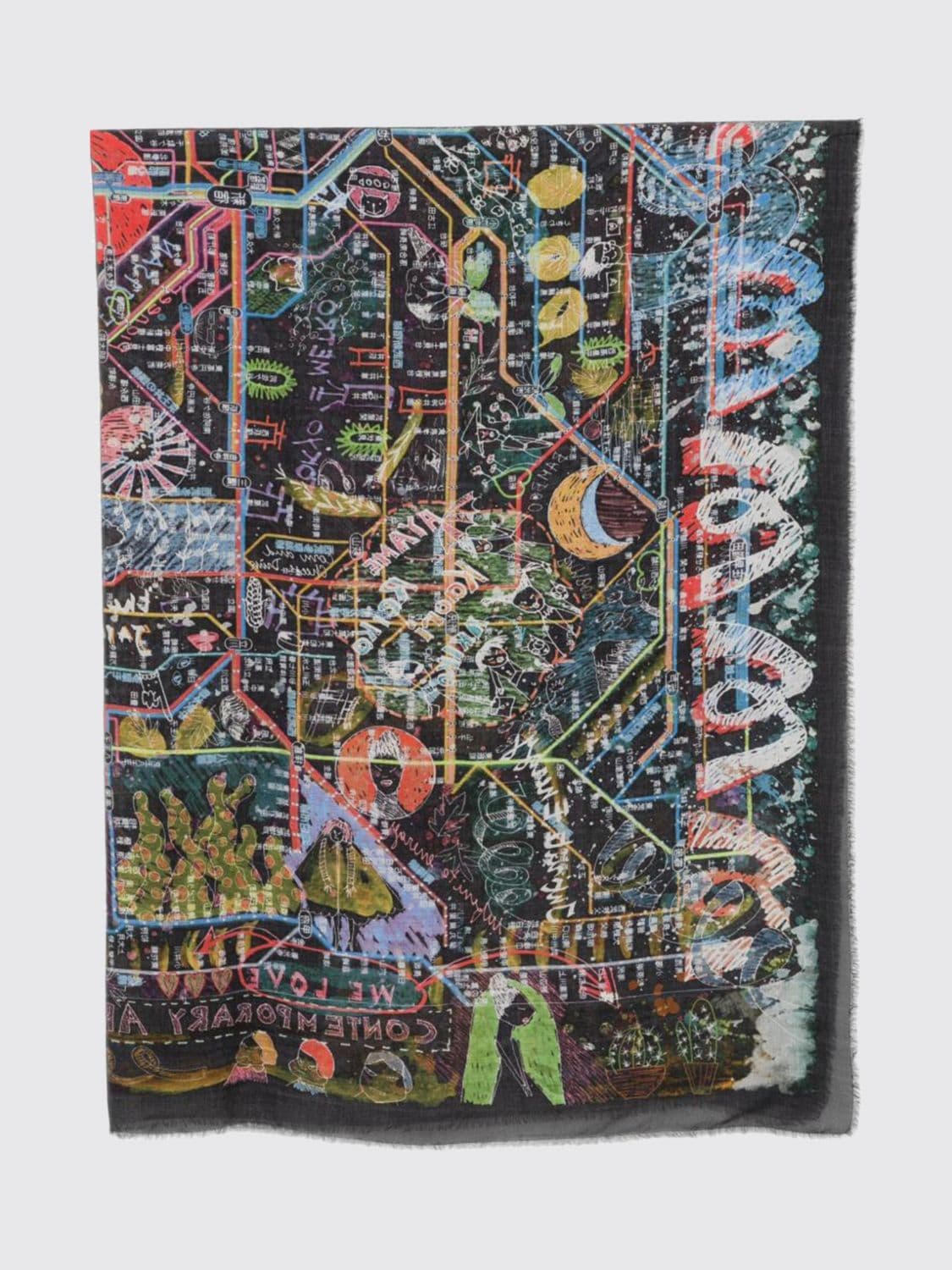 Faliero Sarti 100% Cashmere Scarf with Graphic Print and Fringed Hem