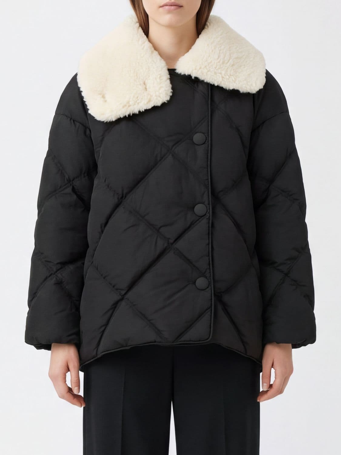 Ienki Ienki Shearling Queen Nylon Puffer Jacket with Asymmetric Closure