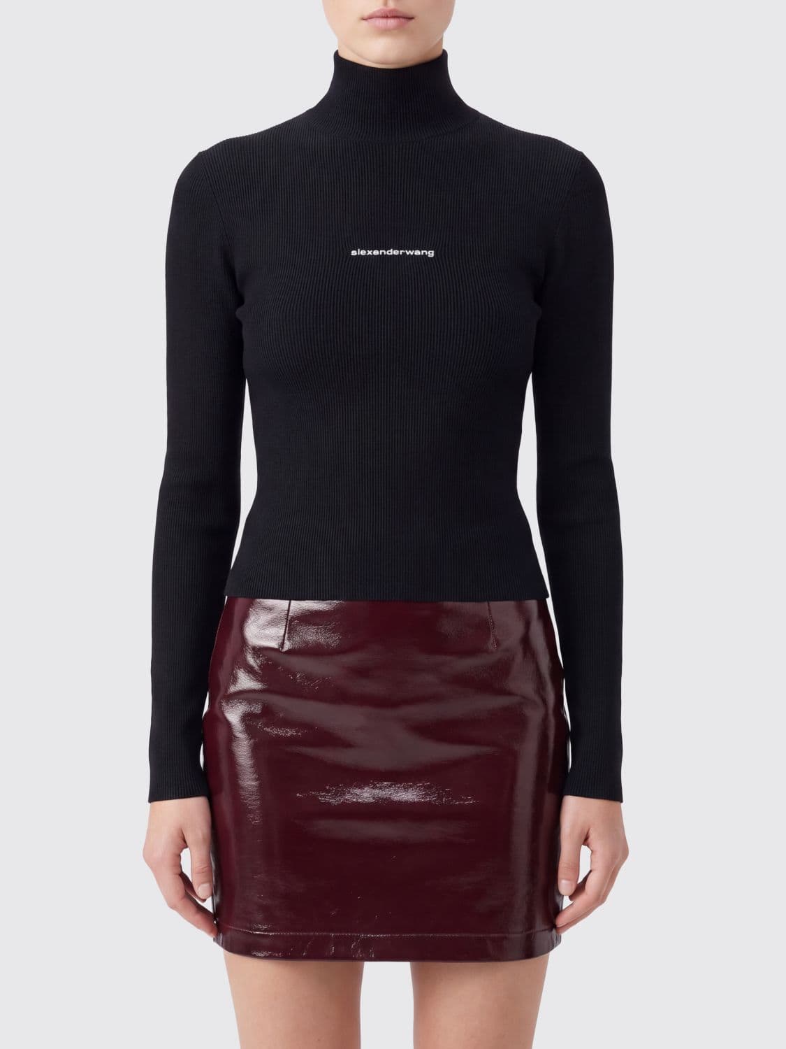 Alexander Wang Ribbed Jersey Long-Sleeve Turtleneck Top with Logo