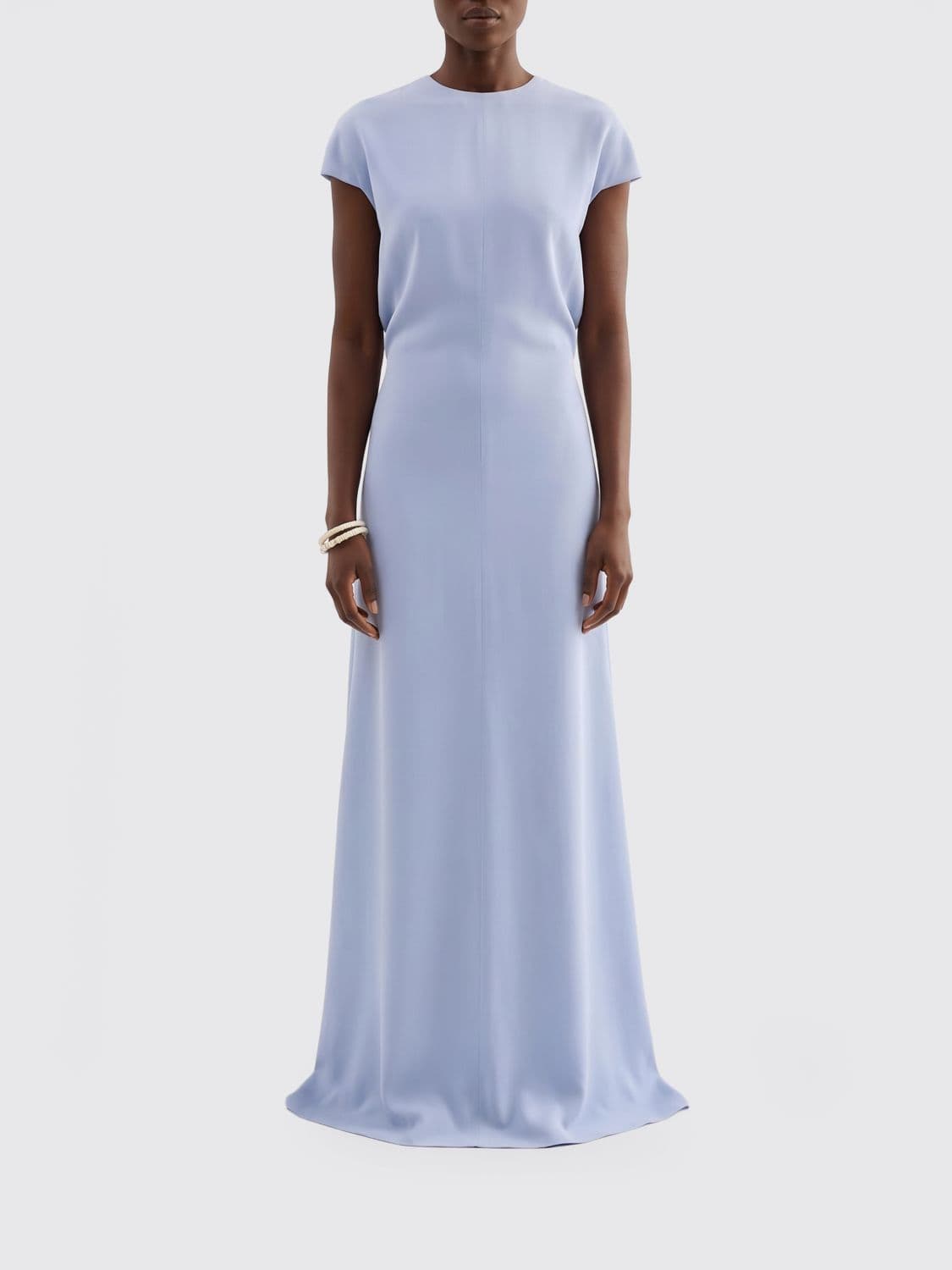 Jil Sander Long Satin Gown with Short Sleeves and Back Slit