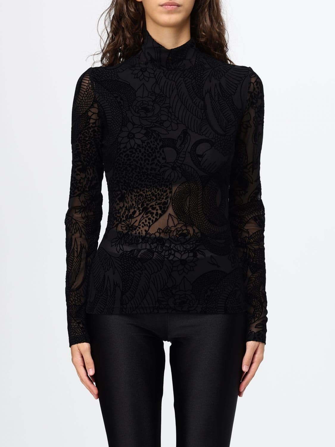 Just Cavalli Sheer Tulle Turtleneck Top with Floral Embroidery