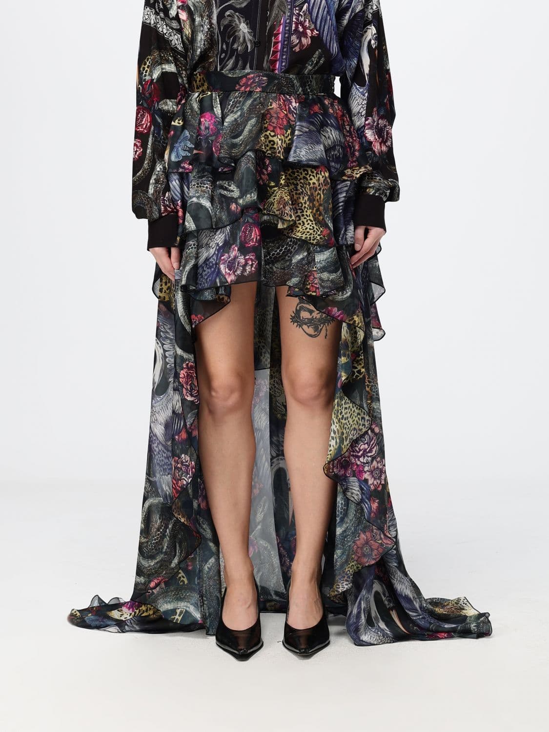 Just Cavalli High-Waisted Asymmetrical Long Viscose Skirt with Graphic Print