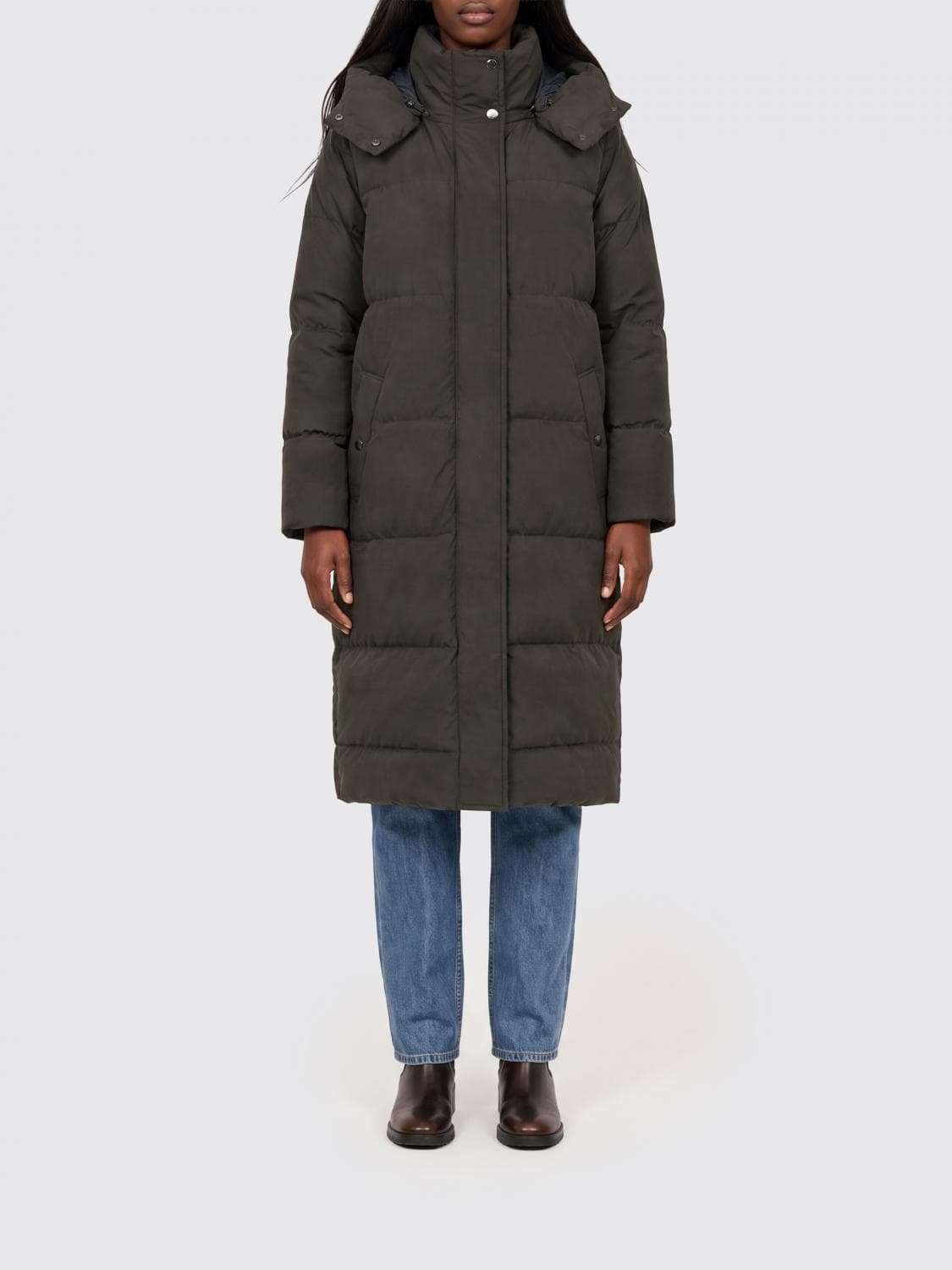 Woolrich Long Quilted Nylon Down Jacket with Removable Hood