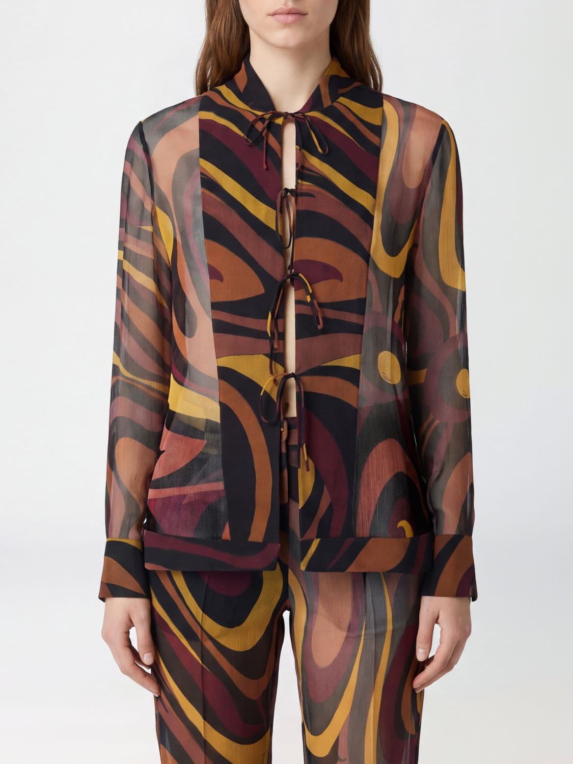 Pucci Abstract Print Pure Silk Shirt with Ruffle Details