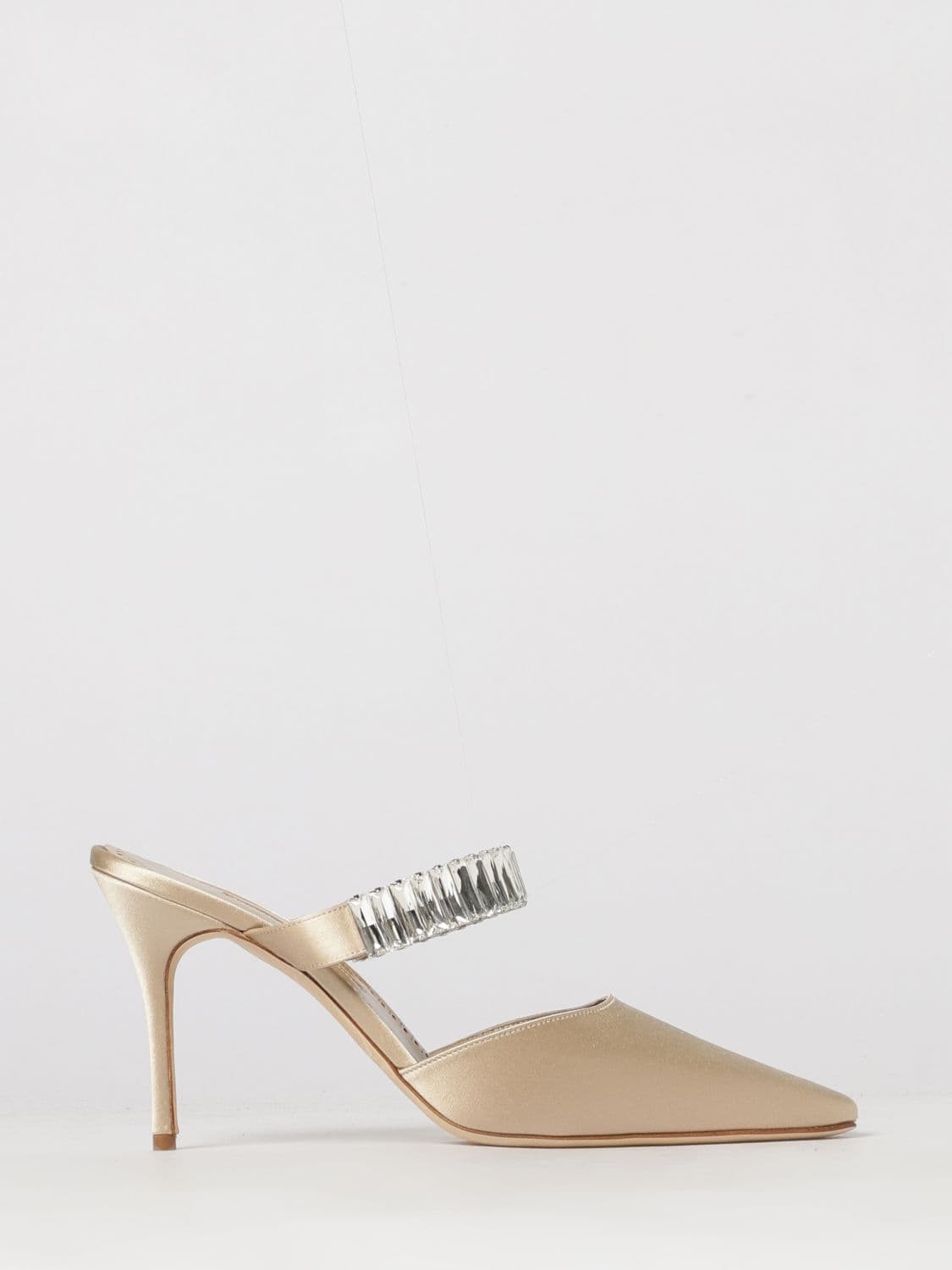Manolo Blahnik Zumbon Satin Mules with Crystal Embellishment and High Heel