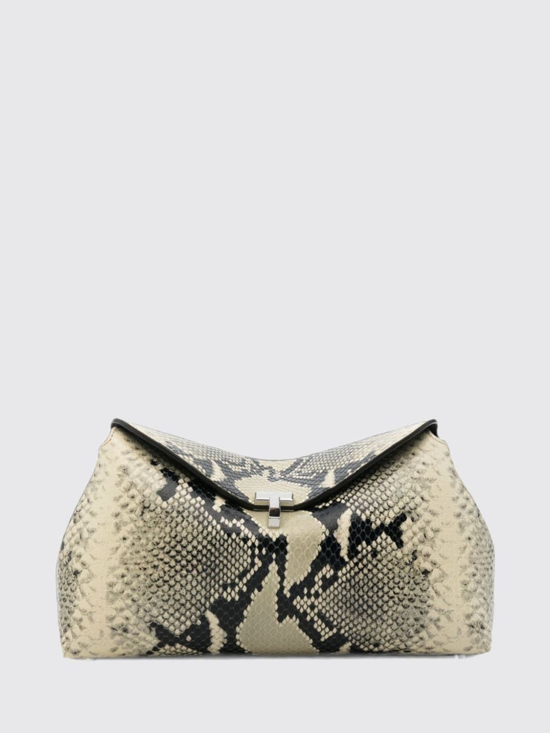 Toteme T-Lock Python-Print Leather Clutch with Metal Closure