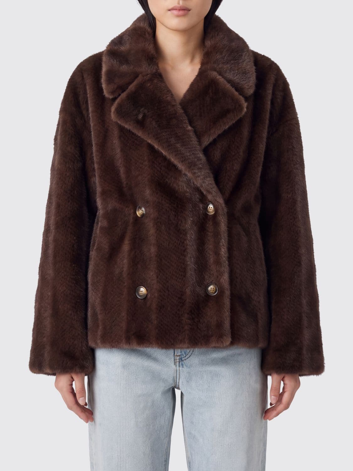 Sword 6.6.44 Double-Breasted Short Faux Fur Coat in a Shearling Style