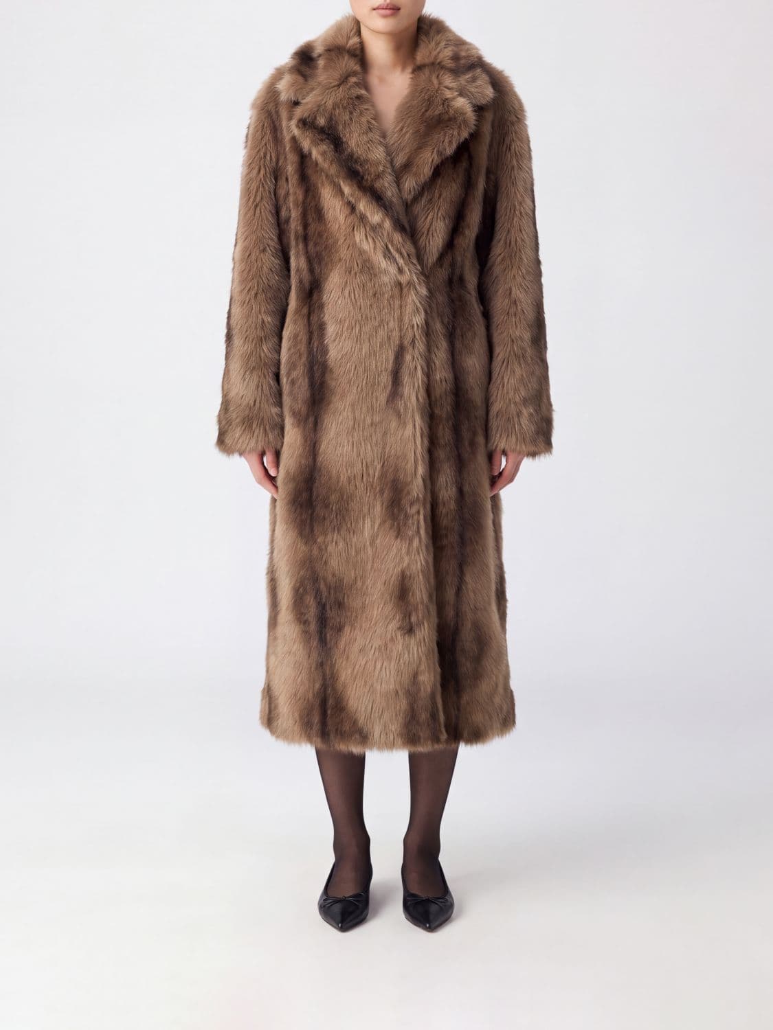Sword 6.6.44 Long Double-Breasted Patterned Faux Fur Coat with Lapels