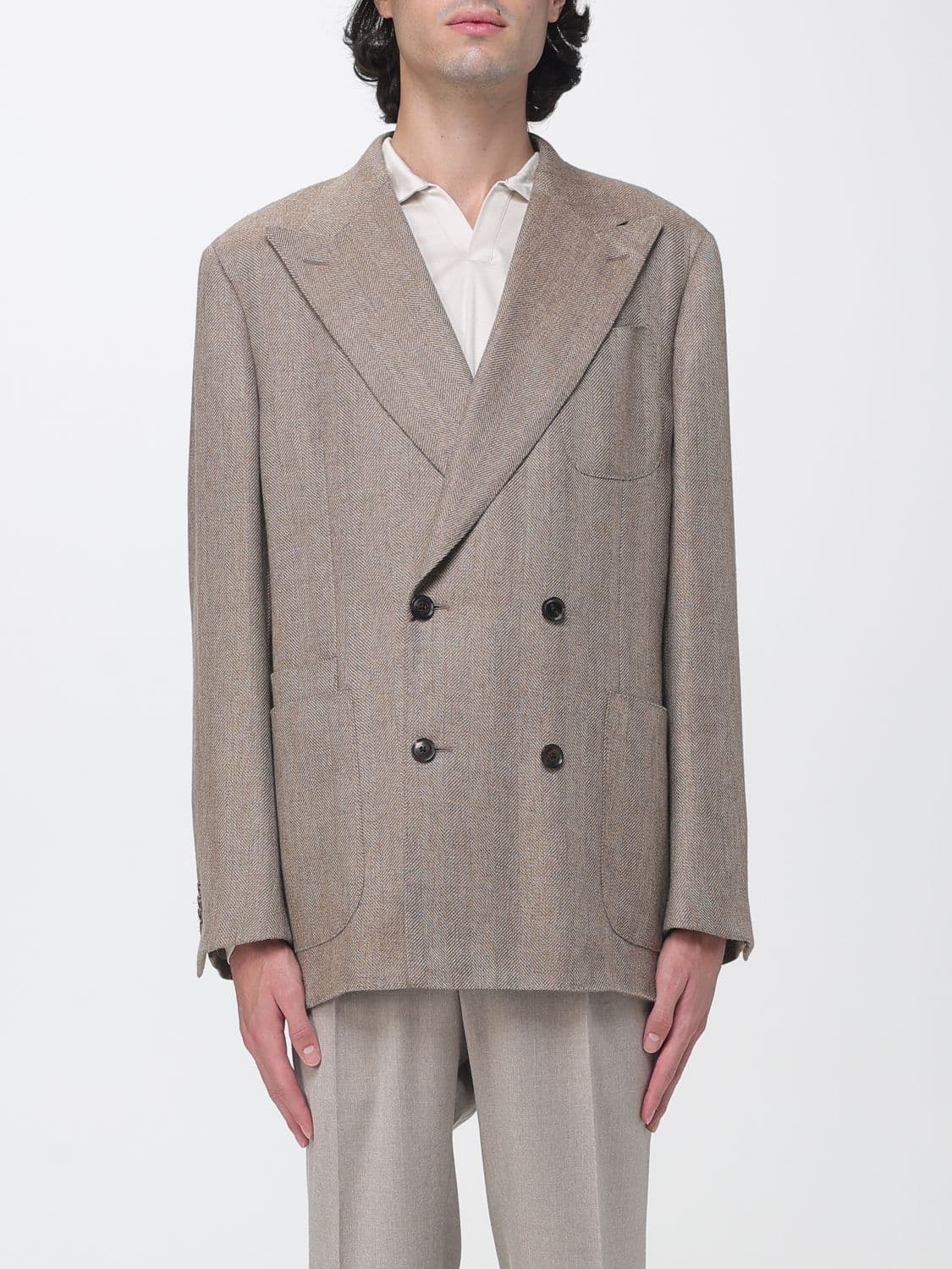 Luciano Barbera Double-Breasted Pure Cashmere Blazer with Chevron Pattern