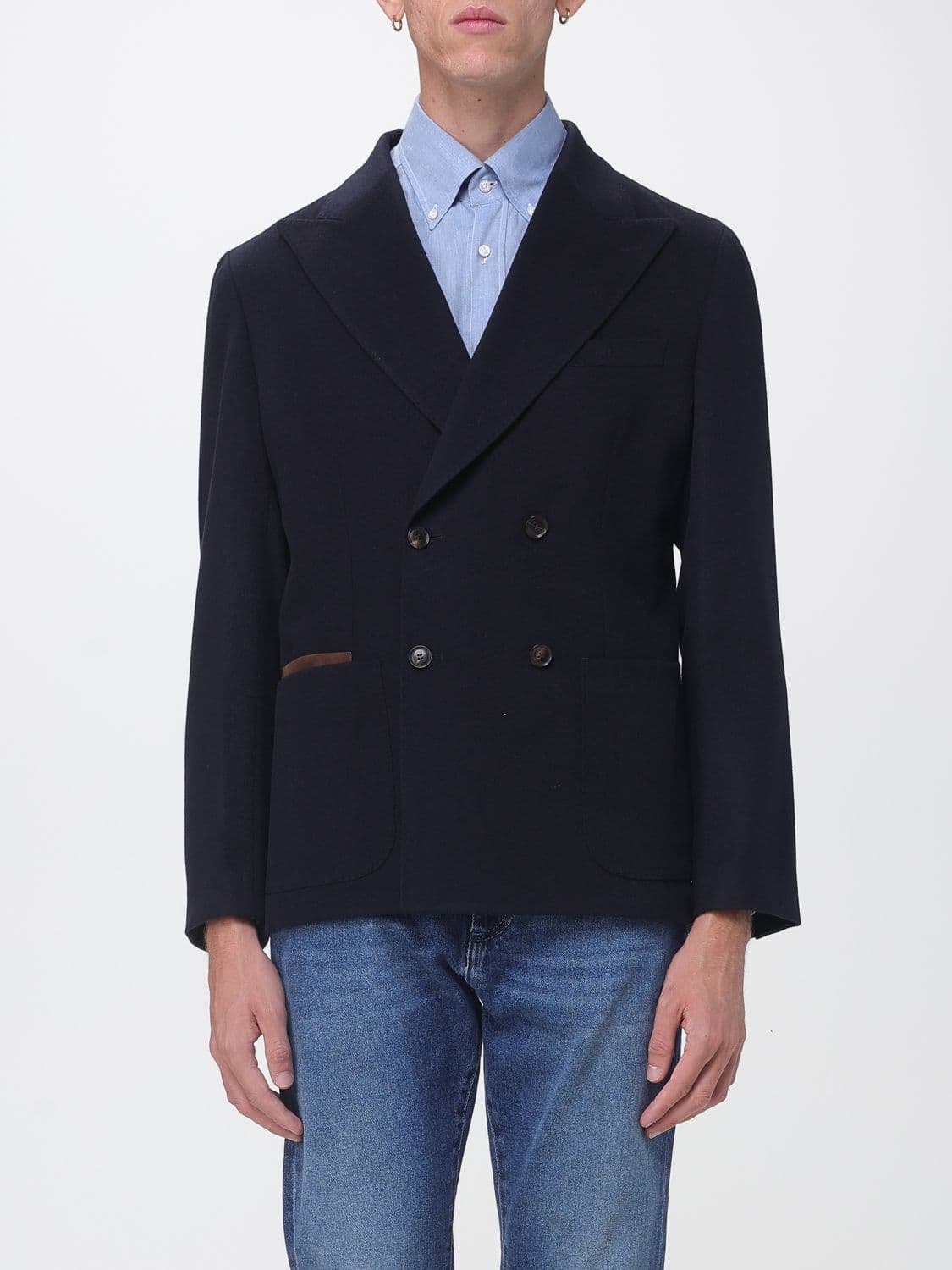 Luciano Barbera Double-Breasted Pure Wool Blazer with Welt Pockets
